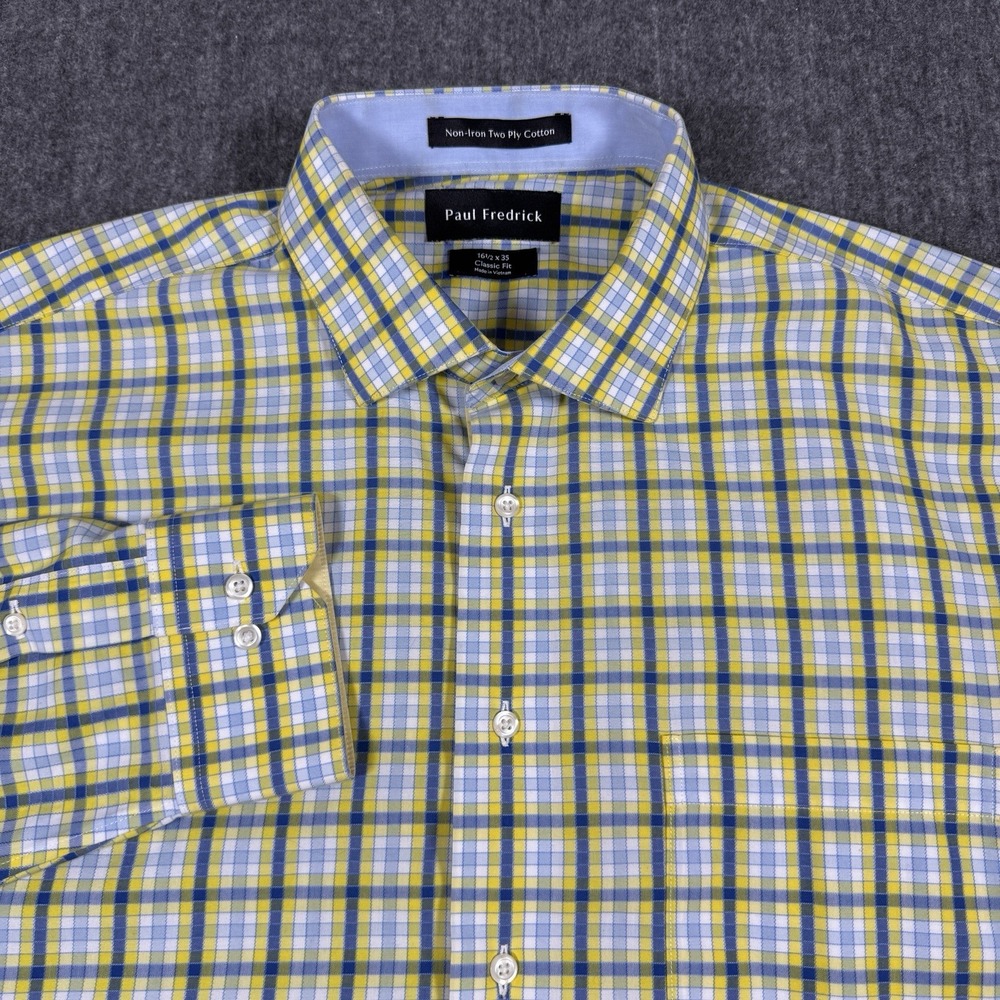 Paul Fredrick Mens 16.5 35 Classic Fit Non Iron Cotton Plaid Dress Shirt